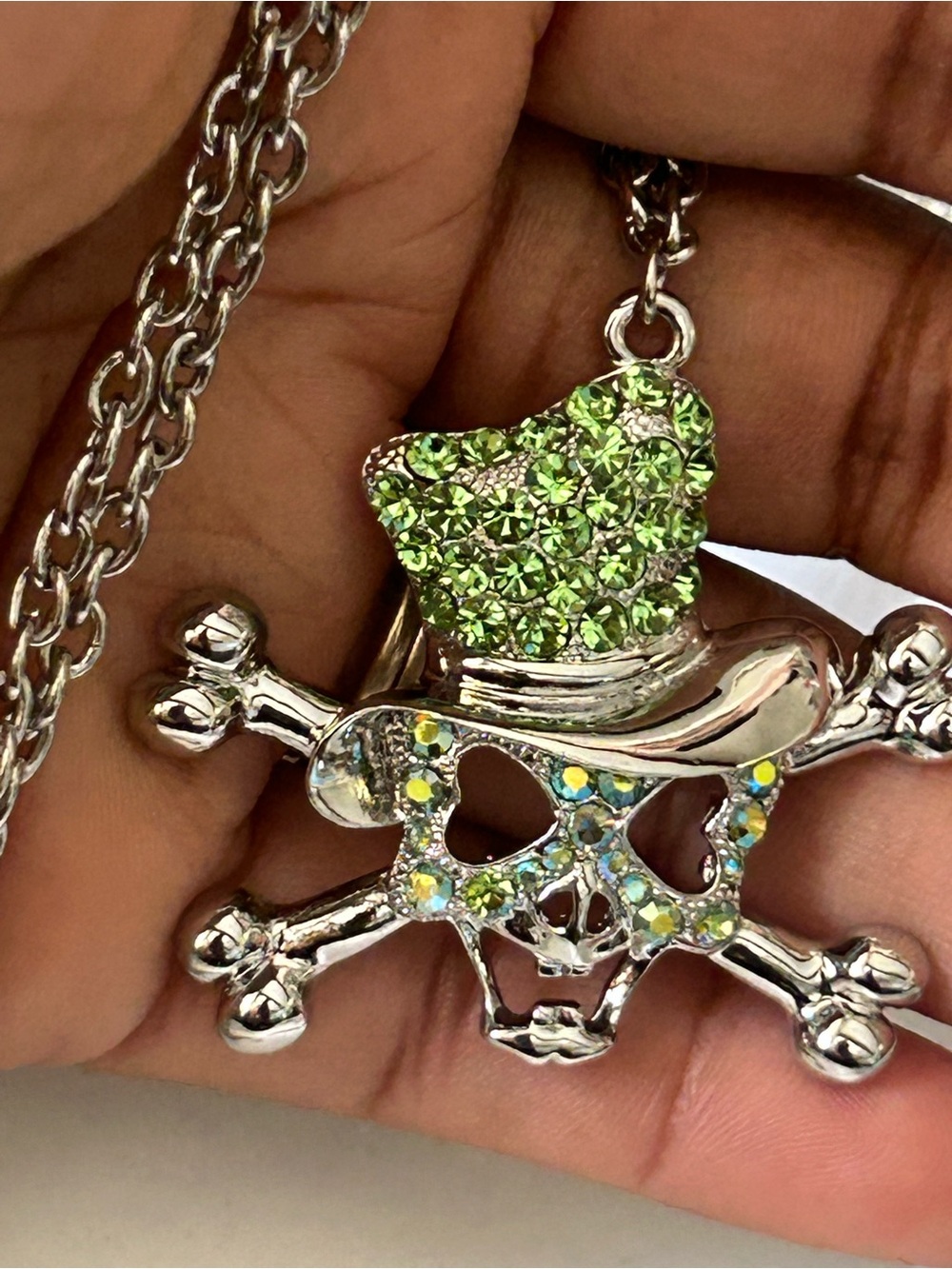 Green Crystal Top Hat Skull & Crossbones Pendant Necklace